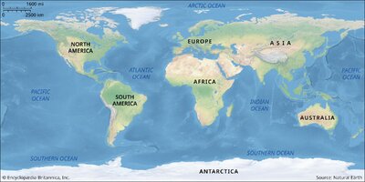 World map continents oceans