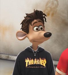 This may contain: a cartoon character wearing a black hoodie with flames on it's face and eyes