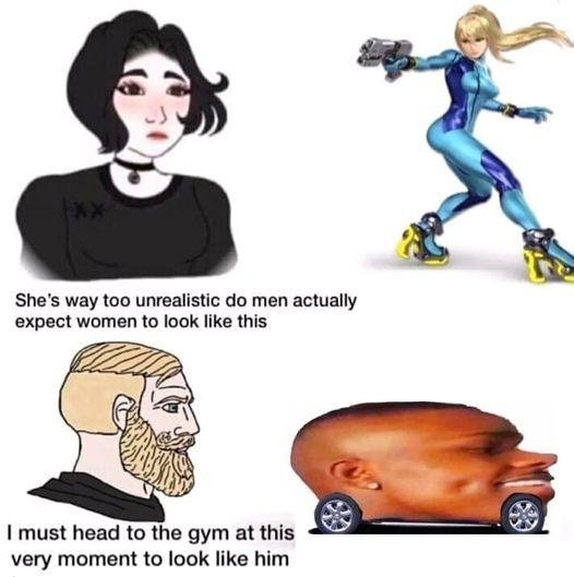 She's way too unrealistic do men actually expect women to look like this I must head to the gym at this very moment to look like him Nose Hairstyle Eyebrow Cartoon Jaw Gesture Art Sports equipment Font People Sharing