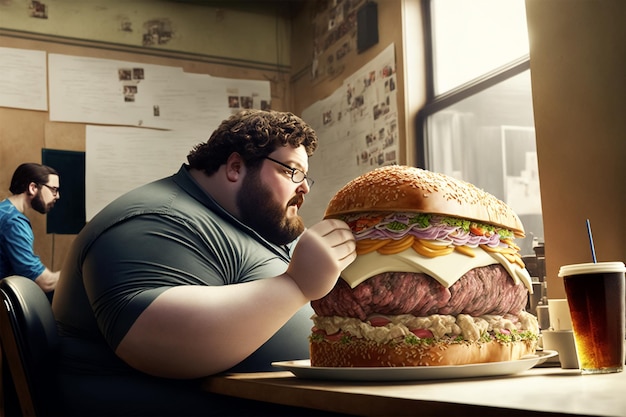 Premium Photo | Fat man eats a huge hamburger at a fastfood restaurant