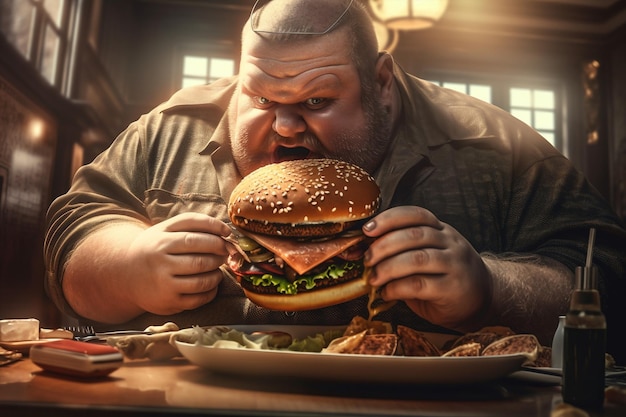 Premium Photo | Generative ai creepy fat obese man eating hamburger sitting  couch at home