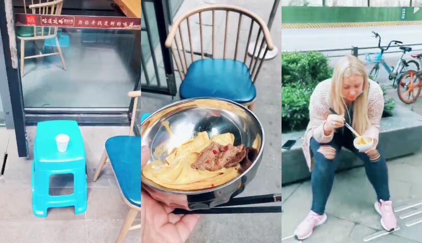 Zinta, a Latvian national, eats a meal outside a restaurant while her Chinese husband and daughter dine indoors, Chengdu, Sichuan province, 2020. Courtesy of Zinta