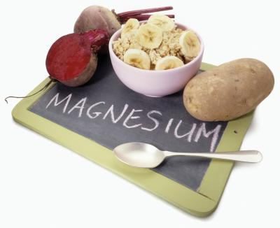 Magnesium on a chalkboard and magnesium rich foods, including banana, potato and beet. Magnesium is depleted by psychiatric drugs.