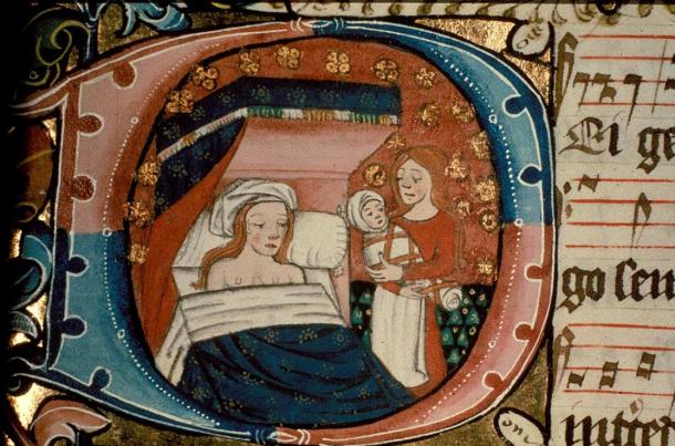 Depiction of St Anne with a baby and her midwife, by Ranworth Antiphoner, fifteenth Century.