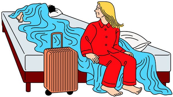 An illustration showing a woman sitting on a bed in pajamas looking over her shoulder at a sleeping partner. She has a suitcase next to her.