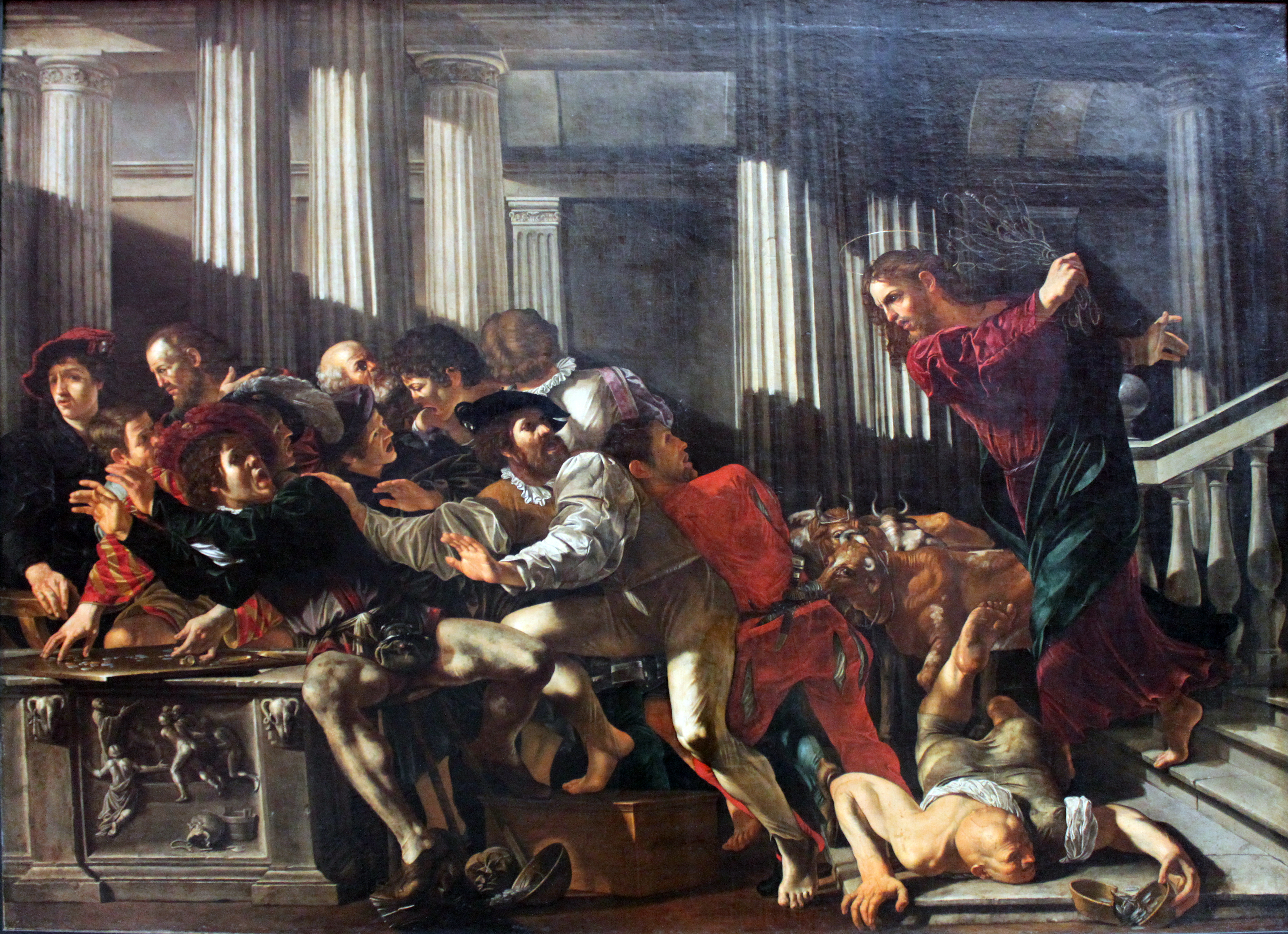 1610_Cecco_del_Caravaggio_Christ_expulses_money_changers_anagoria.JPG