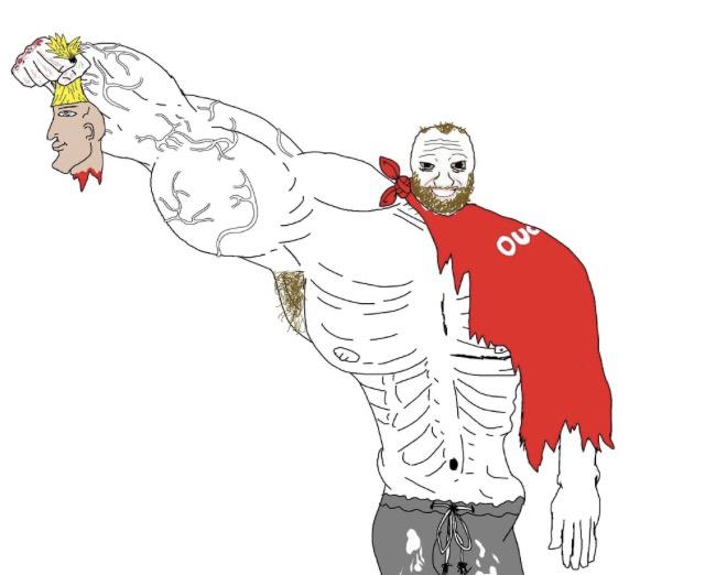 The decapitation of Chad symbolizes killing the ideal masculine that shames  and pressures the Coomer into fulfilling his potential. He hold his head  like Perseus did with Medusa as he finally lets