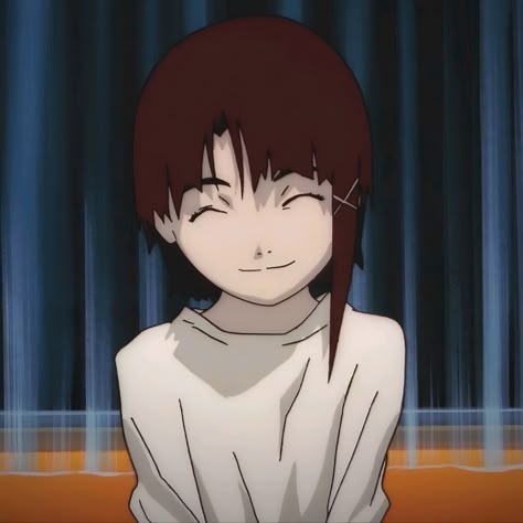 This may contain: an anime character with red hair and white shirt in front of curtained curtains, staring at the camera