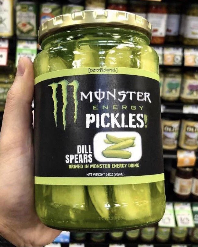 Danimal/Armcannon on X: Last month I posted a meme of Monster Energy  Pickles that someone photoshopped. My lovely friend Karen makes pickles and  brined some pickles in Monster for me. Let me
