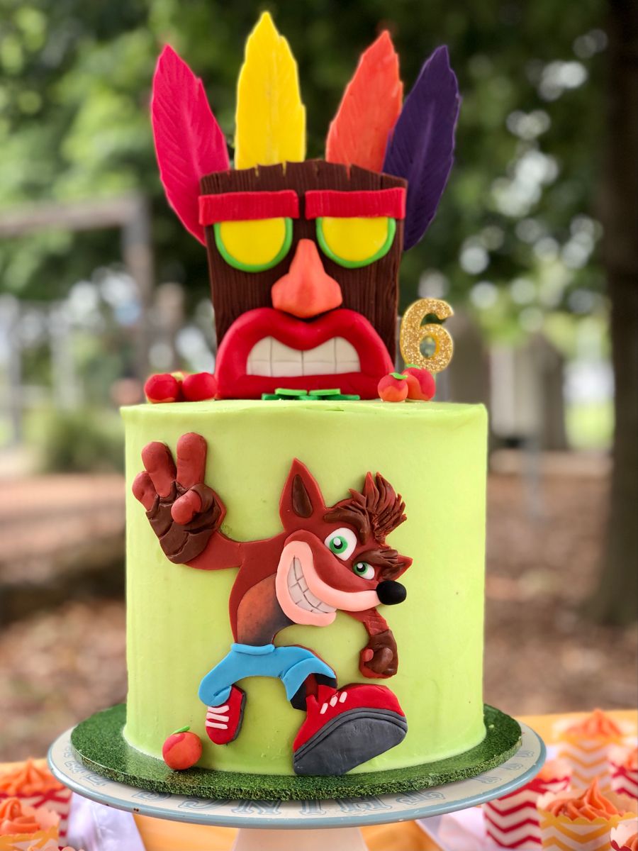Crash Bandicoot birthday cake. Crash fondant topper with Aku Aku mask. |  Themed cakes, Candy birthday cakes, Nerf cake