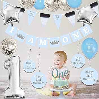 First Birthday Set for Baby Boys – Blue Decorations Kit for 1-Year-Old –  Balloons, Banner, Bunting, Stars and Cake Topper – All-In-One Party  Preparation Accessories for Kids : Amazon.co.uk: Toys & Games