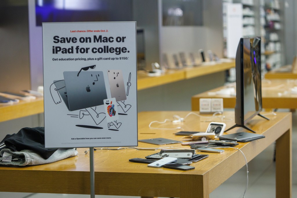 Merchandise on the counter in the Apple store that was broken into in Philadelphia.