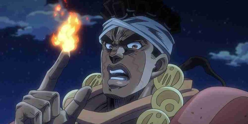 Avdol lights the tip of his finger in Jojo's Bizarre Adventure.