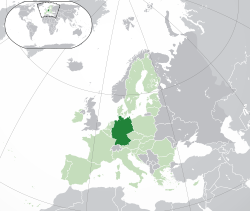 Location of  Germany  (dark green) – on the European continent  (green & dark grey) – in the European Union  (green)