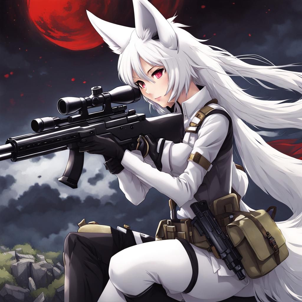 white kitsune sniper girl - Anime Kitsune Sniper Girl in Man...