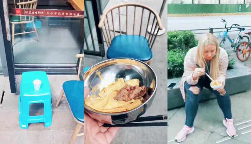 Zinta, a Latvian national, eats a meal outside a restaurant while her Chinese husband and daughter dine indoors, Chengdu, Sichuan province, 2020. Courtesy of Zinta