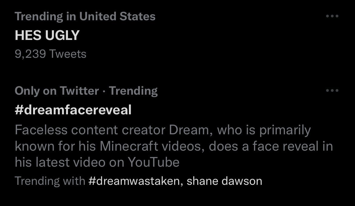 Mightykeef on X: Bro this is wild. Dream had a face reveal and “he's ugly”  is trending on twitter. This would start my villain arc.  https://t.co/ikm08Lrbio / X