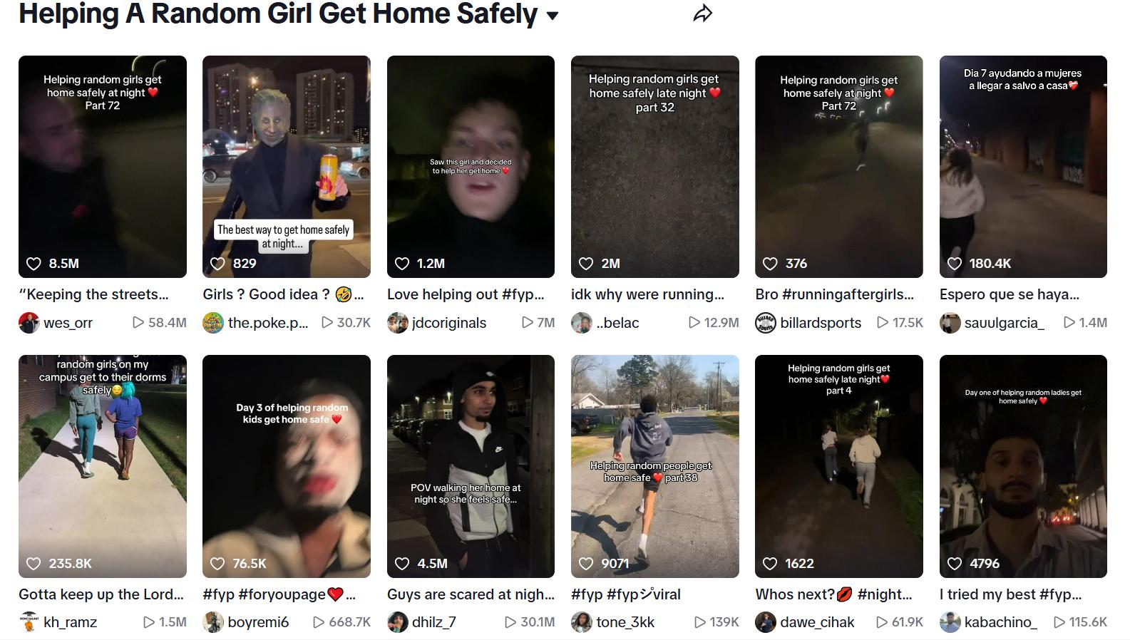 This screenshot image from Sunday shows TikTok videos titled 'helping a random girl get home safely.' Screenshot from TikTok
