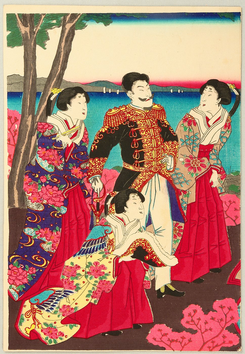 Woodblock print by Kuniaki II Utagawa 1835-1888 Title: Meiji Emperor and Court Ladies. 