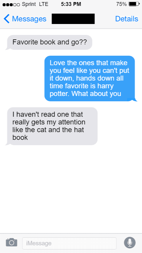 A text conversation where they are talking about their favorite books and what they like to read.