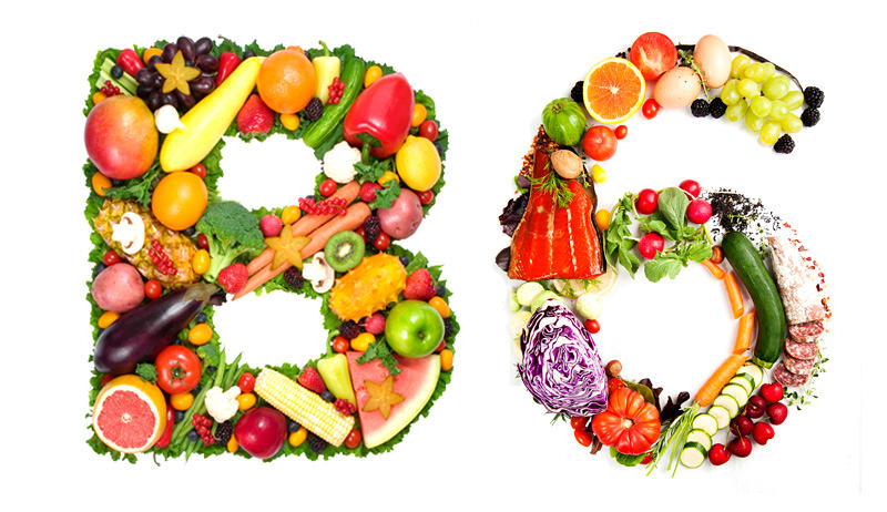 Fruits and vegetables displayed to show the letter B and the number 6. Vitamin B6 is depleted by psychiatric drugs.