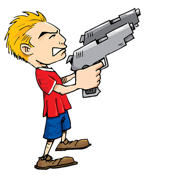 cartoon-of-small-man-with-big-guns-illustration-id91321674
