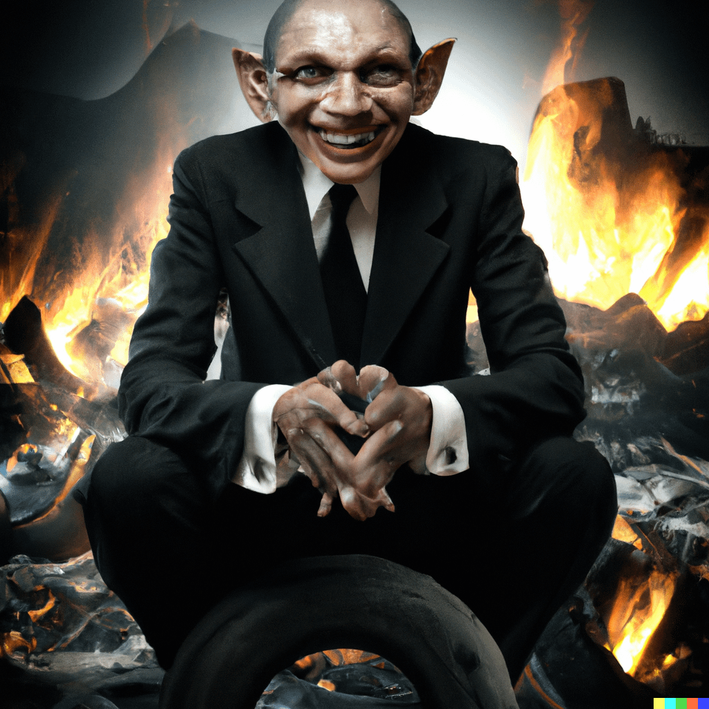 Realistic gollum in a black suit and wearing the One Ring smiling wryly as  the lands around him are destroyed in fire and chaos : r/dalle2